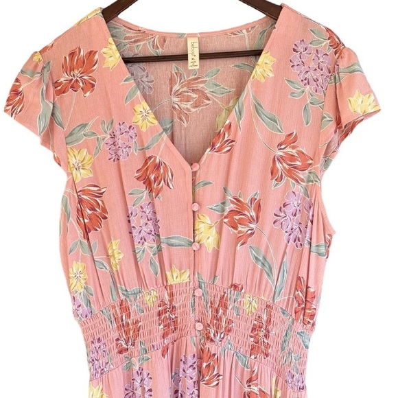 BeBop Pink Floral Midi Dress Size XL Button Down V Neck Short Sleeve Hi Low Hem - Picture 8 of 8
